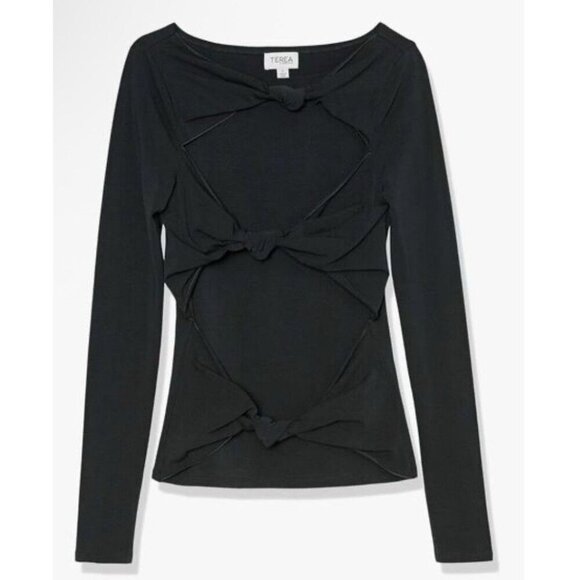 Terea By Andrea Pitter Primrose Knotted Front Top Size Large Black Long Sleeves - Picture 6 of 11